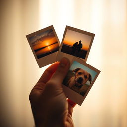 A close-up photograph of a hand holding several Polaroid photos