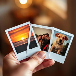 A close-up photograph of a hand holding several Polaroid photos