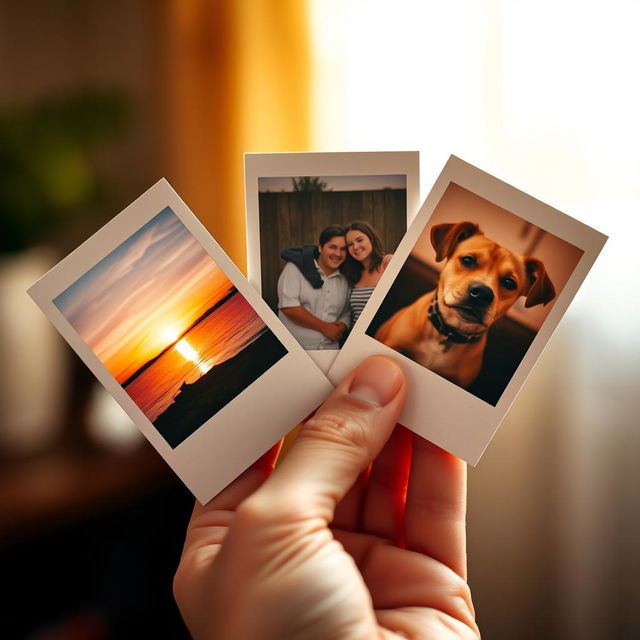 A close-up photograph of a hand holding several Polaroid photos
