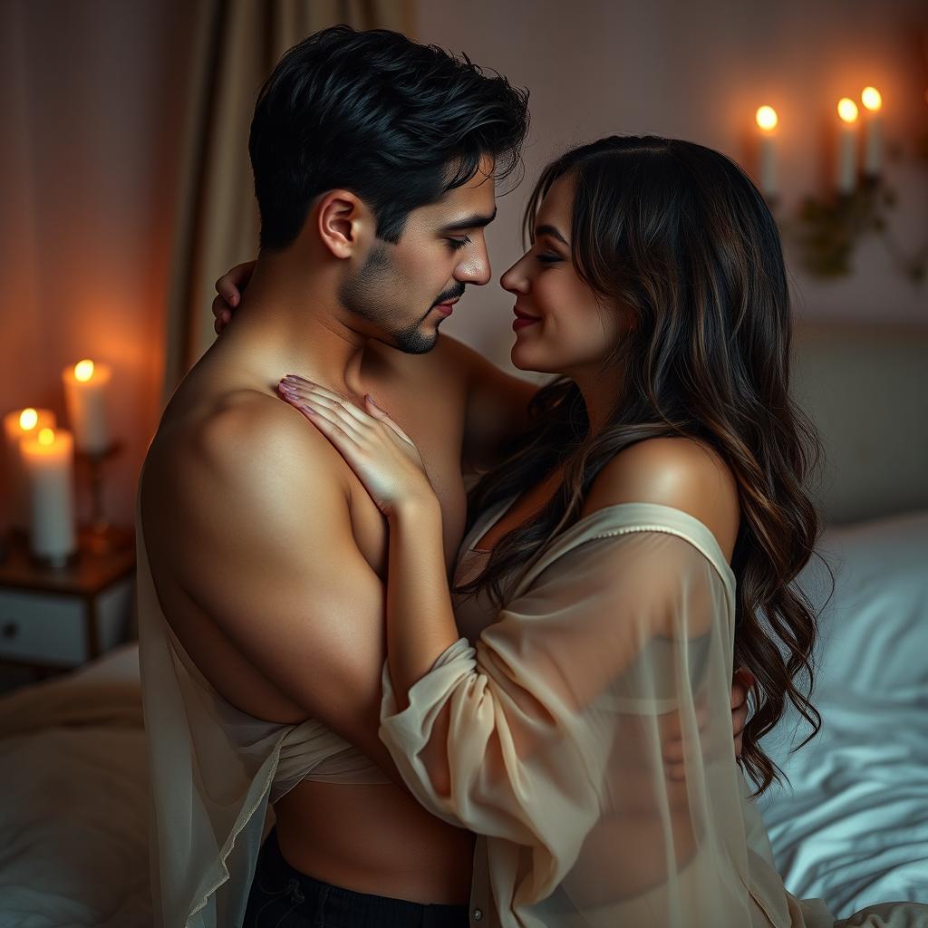 An intimate and romantic scene featuring a couple in a softly lit bedroom, both individuals are draped in elegant sheer fabrics that hint at the contours of their bodies without revealing too much
