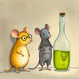 A yellow mouse wearing glasses and a gray mouse dressed in overalls stand in a corner next to a wall, beside a glass bottle filled with green oil