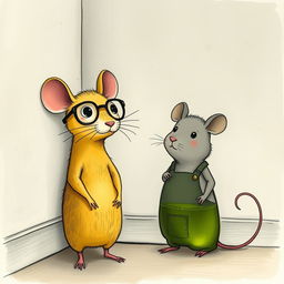 A yellow mouse wearing glasses and a gray mouse dressed in overalls stand in a corner next to a wall, beside a glass bottle filled with green oil