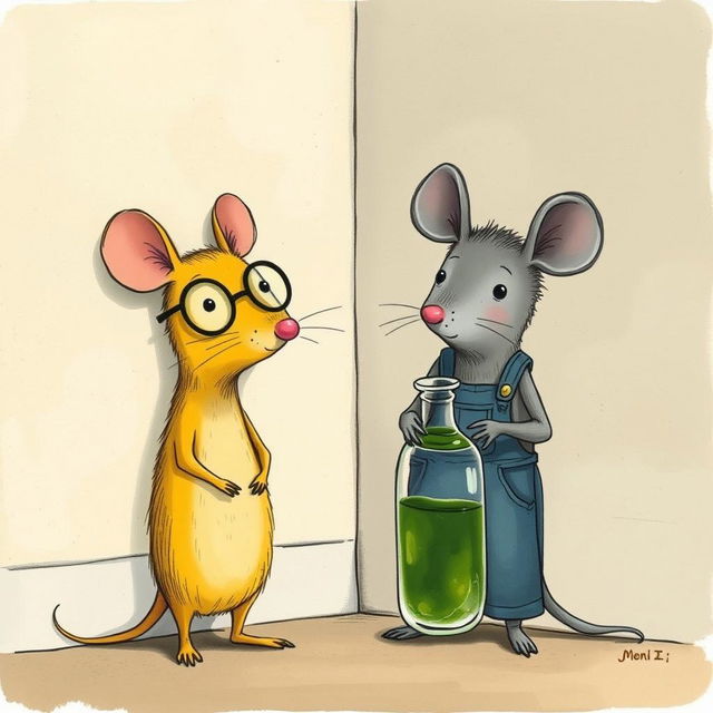 A yellow mouse wearing glasses and a gray mouse dressed in overalls stand in a corner next to a wall, beside a glass bottle filled with green oil