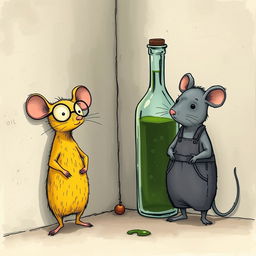 A yellow mouse wearing glasses and a gray mouse dressed in overalls stand in a corner next to a wall, beside a glass bottle filled with green oil
