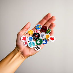 A close-up shot of a hand holding various logos, showcasing a diverse range of brand designs