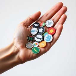 A close-up shot of a hand holding various logos, showcasing a diverse range of brand designs