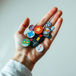 A close-up shot of a hand holding various logos, showcasing a diverse range of brand designs