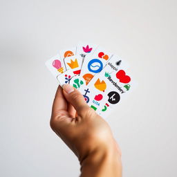 A close-up shot of a hand holding various logos, showcasing a diverse range of brand designs