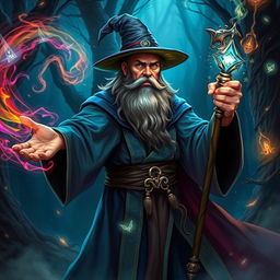 A powerful wizard casting a vivid spell with colorful arcane symbols swirling around him