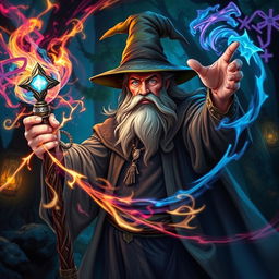 A powerful wizard casting a vivid spell with colorful arcane symbols swirling around him