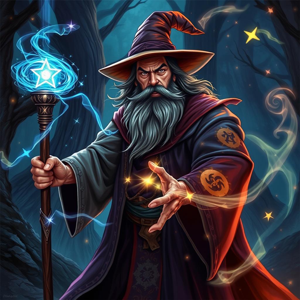 A powerful wizard casting a vivid spell with colorful arcane symbols swirling around him