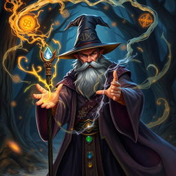 A powerful wizard casting a vivid spell with colorful arcane symbols swirling around him