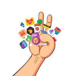 An animated hand gripping a variety of colorful logos, showcasing a playful and vibrant design