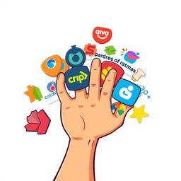 An animated hand gripping a variety of colorful logos, showcasing a playful and vibrant design