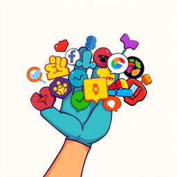 An animated hand gripping a variety of colorful logos, showcasing a playful and vibrant design