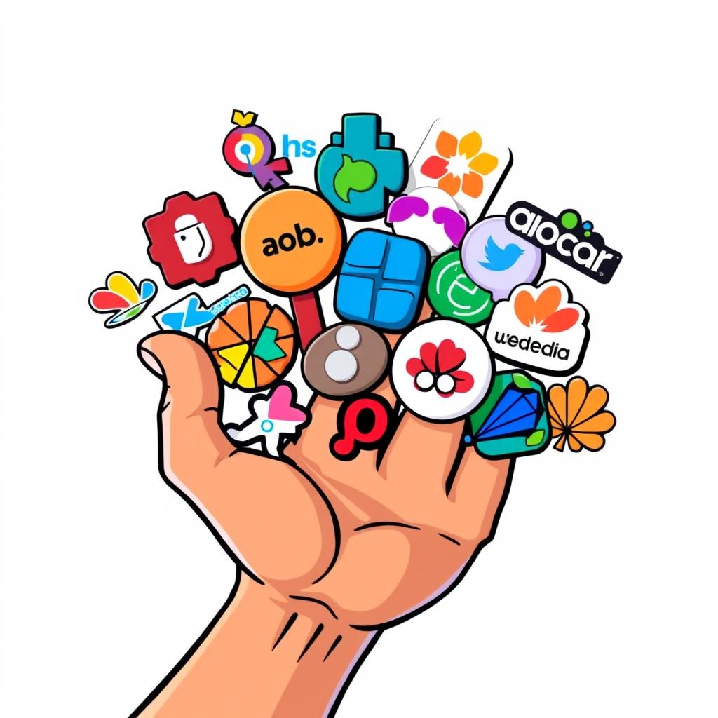An animated hand gripping a variety of colorful logos, showcasing a playful and vibrant design