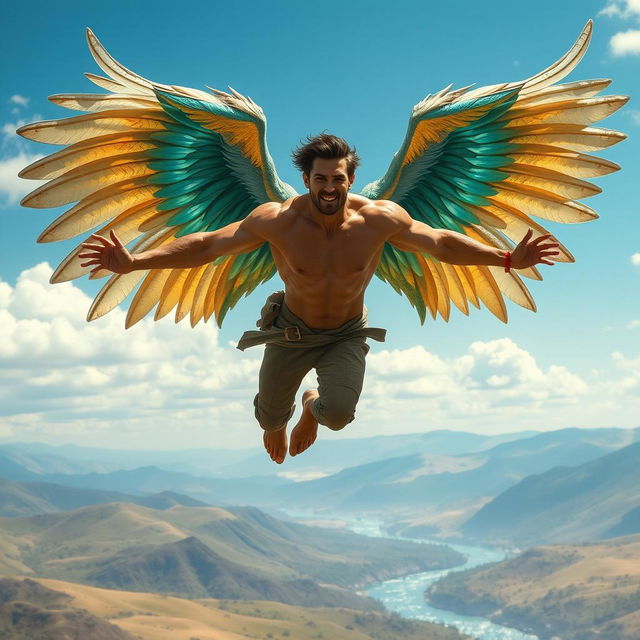 A fantastical scene featuring a muscular man with large, vibrant wings gracefully soaring through a bright blue sky