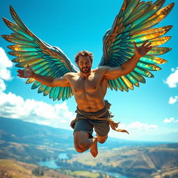 A fantastical scene featuring a muscular man with large, vibrant wings gracefully soaring through a bright blue sky