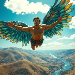 A fantastical scene featuring a muscular man with large, vibrant wings gracefully soaring through a bright blue sky