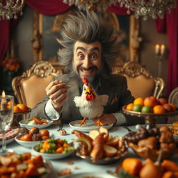 A surreal and bizarre scene featuring a fluffy-haired man with an exaggerated hairstyle, sitting at a lavish dining table