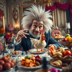 A surreal and bizarre scene featuring a fluffy-haired man with an exaggerated hairstyle, sitting at a lavish dining table