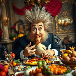 A surreal and bizarre scene featuring a fluffy-haired man with an exaggerated hairstyle, sitting at a lavish dining table