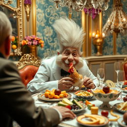 A surreal and bizarre scene featuring a fluffy-haired man with an exaggerated hairstyle, sitting at a lavish dining table