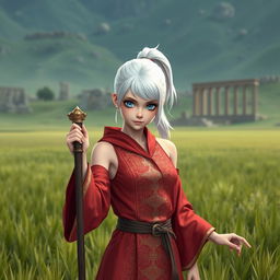 A very shy female mage, incredibly beautiful, cute, and attractive, clad in a scant red feminine robe streaked with gold