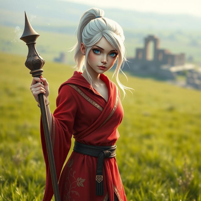 A very shy female mage, incredibly beautiful, cute, and attractive, clad in a scant red feminine robe streaked with gold