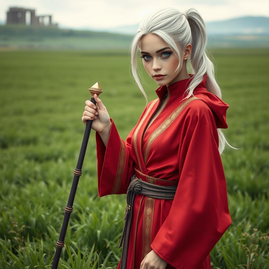 A very shy female mage, incredibly beautiful, cute, and attractive, clad in a scant red feminine robe streaked with gold