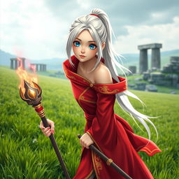 A very shy female mage, incredibly beautiful, cute, and attractive, clad in a scant red feminine robe streaked with gold