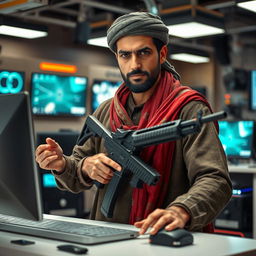 A striking scene featuring an Afghan man with traditional clothing, holding a modern weapon in one hand while skillfully using a high-tech computer with the other