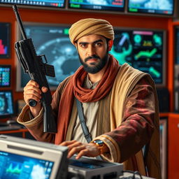 A striking scene featuring an Afghan man with traditional clothing, holding a modern weapon in one hand while skillfully using a high-tech computer with the other