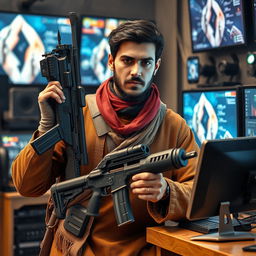 A striking scene featuring an Afghan man with traditional clothing, holding a modern weapon in one hand while skillfully using a high-tech computer with the other