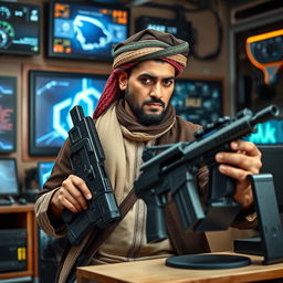 A striking scene featuring an Afghan man with traditional clothing, holding a modern weapon in one hand while skillfully using a high-tech computer with the other