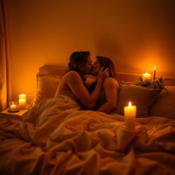An intimate and romantic scene depicting a couple in a cozy bedroom, softly lit by warm candlelight