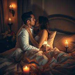 An intimate and romantic scene depicting a couple in a cozy bedroom, softly lit by warm candlelight