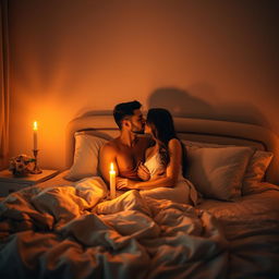 An intimate and romantic scene depicting a couple in a cozy bedroom, softly lit by warm candlelight