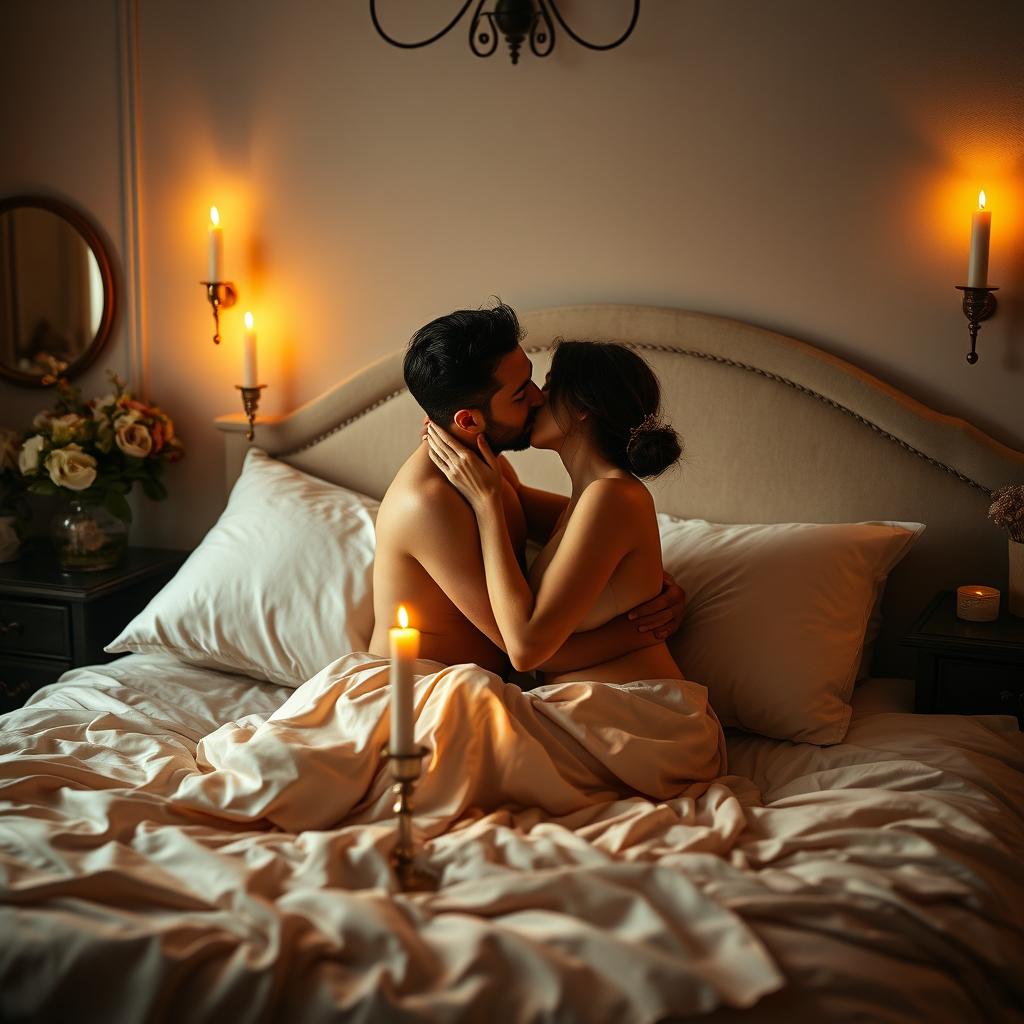 An intimate and romantic scene depicting a couple in a cozy bedroom, softly lit by warm candlelight