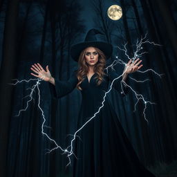 A witch wearing a long black dress, casting sparks that shimmer like lightning from her hands in a dark forest
