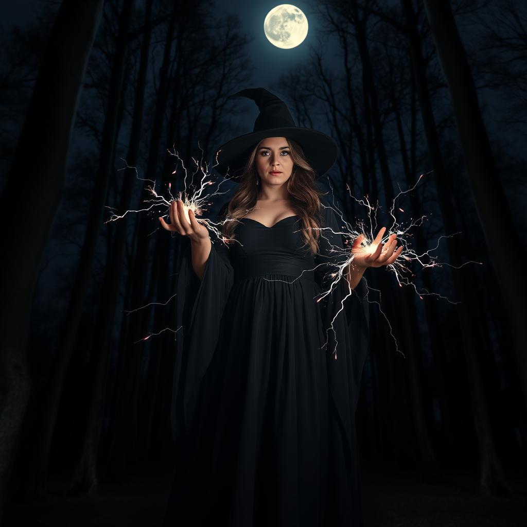 A witch wearing a long black dress, casting sparks that shimmer like lightning from her hands in a dark forest