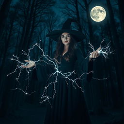 A witch wearing a long black dress, casting sparks that shimmer like lightning from her hands in a dark forest
