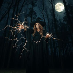 A witch wearing a long black dress, casting sparks that shimmer like lightning from her hands in a dark forest