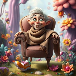A whimsical character created from three distinct items: a cozy chair, a stylish shoe, and a flowing shawl