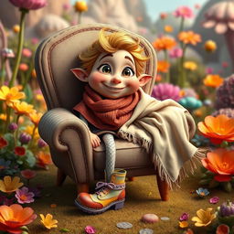 A whimsical character created from three distinct items: a cozy chair, a stylish shoe, and a flowing shawl