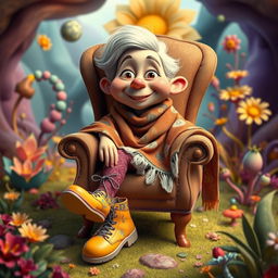 A whimsical character created from three distinct items: a cozy chair, a stylish shoe, and a flowing shawl
