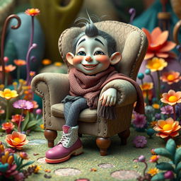 A whimsical character created from three distinct items: a cozy chair, a stylish shoe, and a flowing shawl