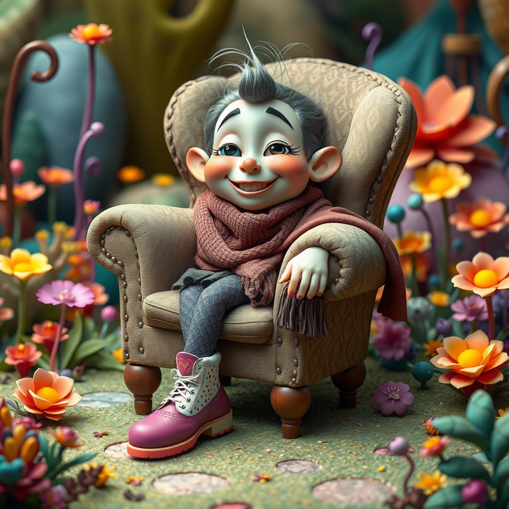 A whimsical character created from three distinct items: a cozy chair, a stylish shoe, and a flowing shawl
