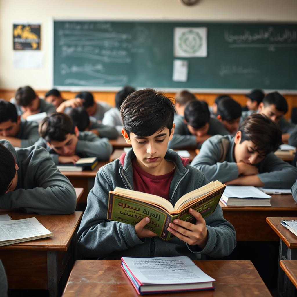 A classroom scene filled with Iranian teenage boys, all appearing tired and bored, with their heads resting on their desks