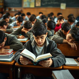 A classroom scene filled with Iranian teenage boys, all appearing tired and bored, with their heads resting on their desks